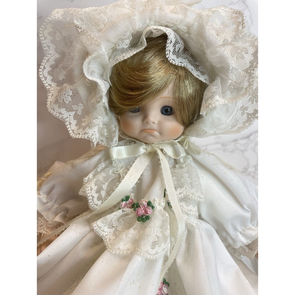Vintage  Porcelain Doll In A Christening  Dress And Bonnet 10" - Picture 5 of 13